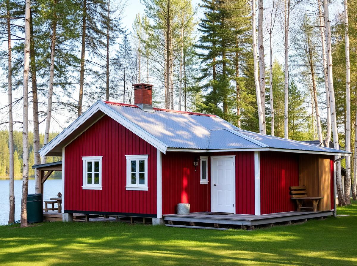 Punainen mökki järven rannalla